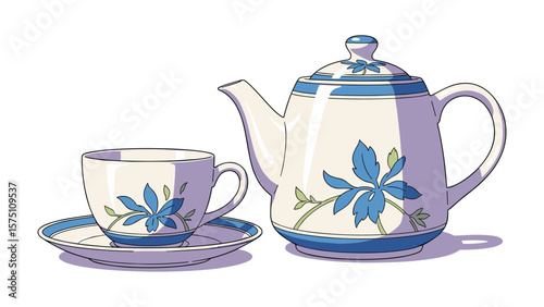 Floral Tea Set Illustration: Teapot, Cup, and Saucer Design for Marketing and Creative Projects