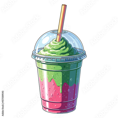 Illustration of a vibrant green and pink smoothie with straw for refreshing drink concept