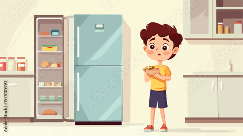 Hungry Boy Enjoying Eating in Front of Refrigerator