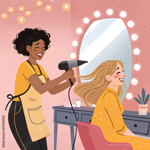 Hair salon appointment illustration: woman getting her hair styled by a professional stylist