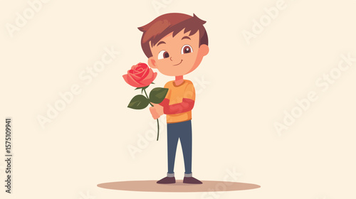 Playful Boy Winking and Standing in a Unique Pose with Rose, Concept of Youth and Fun
