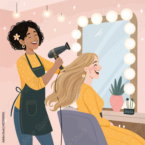 Hair salon appointment blonde hair styling professional stylist blow dry treatment service happy client