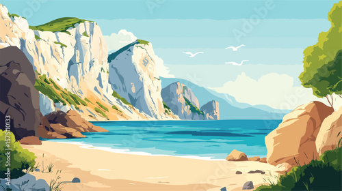 Serene Idyllic Coastline with Tranquil Waters and Rocky Cliffs
