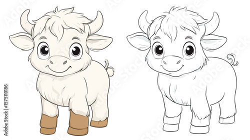 Cute Little Ox Cartoon Character Coloring Page for Kids