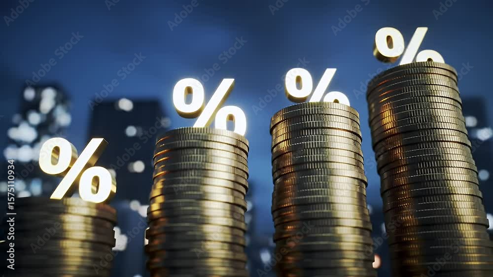 Golden Percentage Symbols on Coin Stacks Against Blue Cityscape Background Representing Interest Rates and Financial Growth with Strong Depth of Field