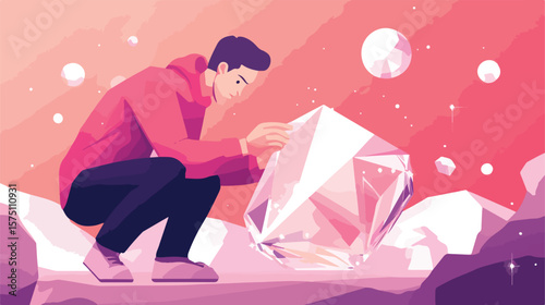 Professional Man Analyzing Diamond Stone Vector Illustration