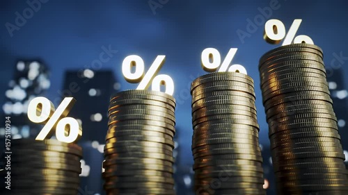 Golden Percentage Symbols on Coin Stacks Against Blue Cityscape Background Representing Interest Rates and Financial Growth with Strong Depth of Field