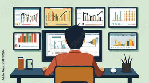 Professional Man Analyzing Computer Statistics in Flat Vector Style