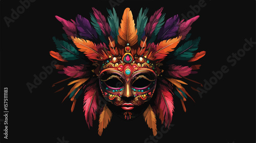 Vibrant Mardi Gras Mask with Feathers Vector Illustration