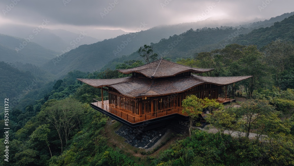 Wooden mountaintop house, misty valley, aerial view. Possible use Travel Wooden mountaintop house, misty valley, aerial view. Possible use Travel
