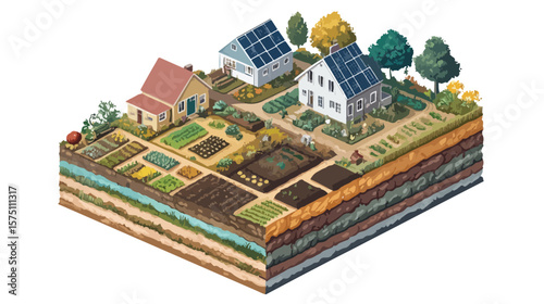 Isometric Block with Layers of Earth in Rural Scene