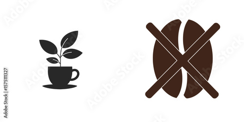 Caffeine-free coffee cup with plant and crossed coffee beans logo, monochrome vector icon, transparent background. Decaf coffee, healthy beverage, natural product, beverage symbol, coffee shop
