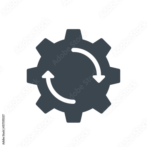 Gear with circular arrow icon in minimalist design, monochrome vector, transparent background. Process, workflow, circulation, cycle, operation, mechanical system