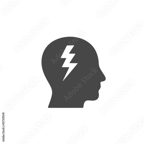 Head with lightning symbolizing ideas and creativity in black silhouette  