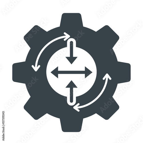 Gear with flow arrows, circular motion concept, monochrome vector illustration, transparent background. Process, workflow, circulation, data flow, system mechanics, operation cycle