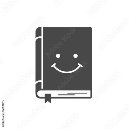 Journal with smile icon in monochrome minimalist design, vector graphic, transparent background. Diary, happy thoughts, positive emotions, personal writing, journaling, mood tracker