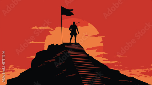 Successful Man Holding Flag Atop Stairs Achieving Success