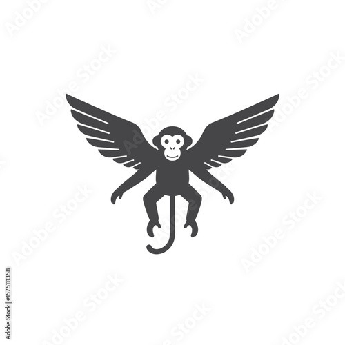 Flying monkey with wings in playful, whimsical design, monochrome vector illustration, transparent background. Fantasy character, mythology, mischievous creature, children's book illustration, jungle 