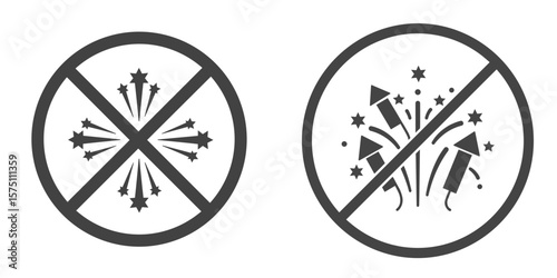 No fireworks prohibition symbols in minimalist design, monochrome vector icons, transparent background. Firecracker ban, safety, event restriction, holiday warning, celebration control