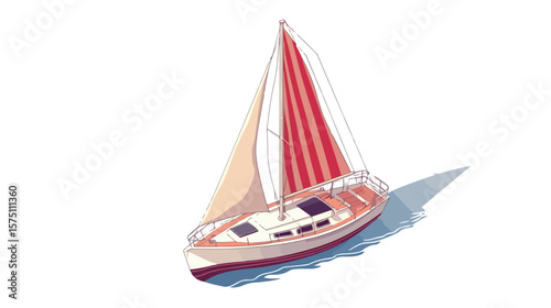 Isometric Boat with Red Striped Sail on Water Surface