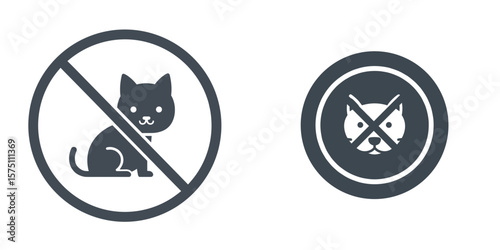 No pets allowed signs with crossed out cat and dog symbols, monochrome vector icons, transparent background. Animal prohibition, pet restrictions, no entry for animals, warning sign, pet control