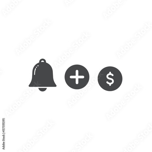 Notification bell, plus sign, and dollar symbol, monochrome icon, transparent background. Subscribe and save, special offer, discount alert, membership benefit, promotional icon, e-comm