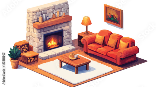 Modern Isometric Cozy Living Room Setup with Sofas and Furniture