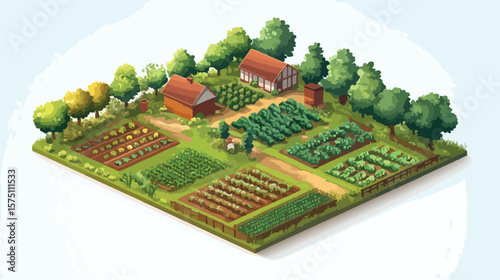 Isometric Farming Landscape with Large Vegetation