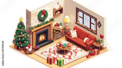 Isometric Festive Living Room with Decorated Christmas Tree