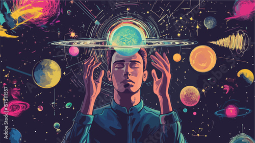 Meta Universe Workspace: Vector Illustration of Man Working