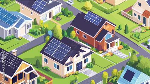 Isometric Houses with Solar Panels and a Garden