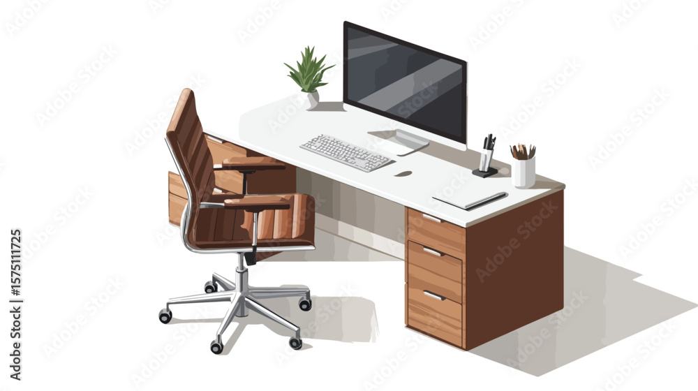 Fototapeta premium Modern Isometric Office Desk with Ergonomic Chair on Wheels
