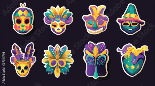 Colorful Mardi Gras Stickers Flat Vector Illustration
