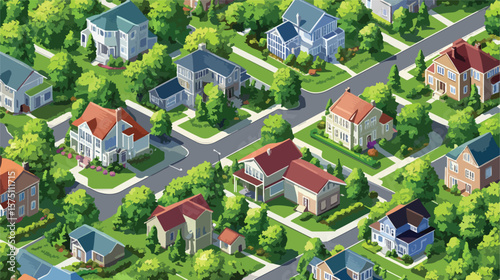 Modern Isometric Neighborhood with Diverse Mix of Houses and Garages