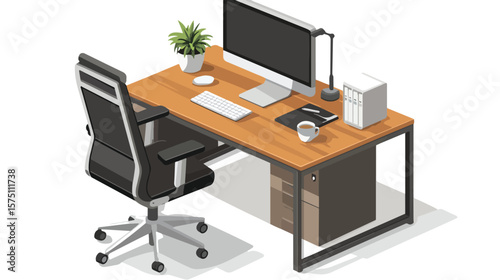 Modern Isometric Office Desk with Monitor and Coffee Cup