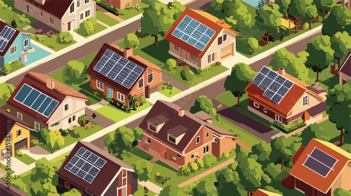 Isometric Rural Area with Houses and Solar Panels