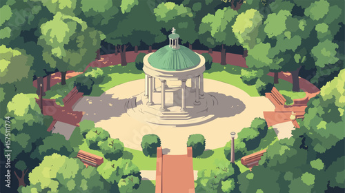 Serene Isometric Park with Lush Trees, Relaxing Benches, and Scenic Pathways