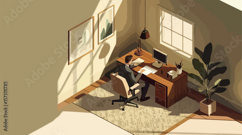 Modern Isometric Private Office with Man Working