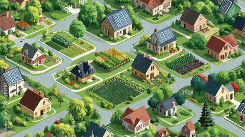 Isometric Rural Community with Houses and Solar Panels
