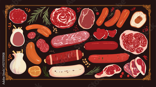 Delicious Meat Products: Sausages, Salami, Bacon on Display