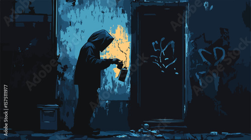 Hooded Hooligan Spraying Graffiti on Dirty Building