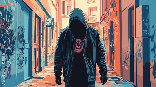 Urban Hooded Hooligan Walking Through City Streets Leaving Graffiti