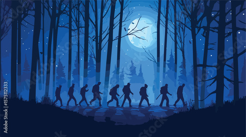 Men Walking in Spooky Forest on Halloween Night