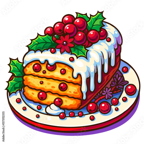 Cartoon slice of Christmas cake with icing, holly leaves and berries on a plate, vector style, in festive red and white colors, holiday dessert and seasonal sweets concept,