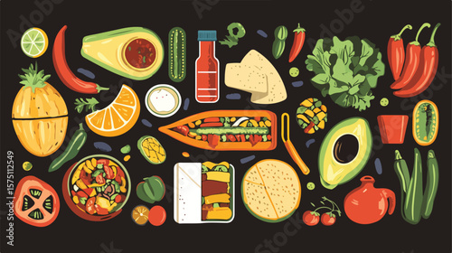 Colorful Mexican Food Design Flat Vector Illustration