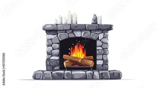 Modern Stone Fireplace with Hot Flame Vector Illustration
