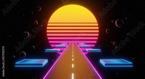 Synthwave road leading to a radiant sunset amidst floating asteroids and starlit expanse