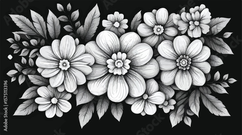 Elegant Monochrome Flowers Flat Vector Illustration