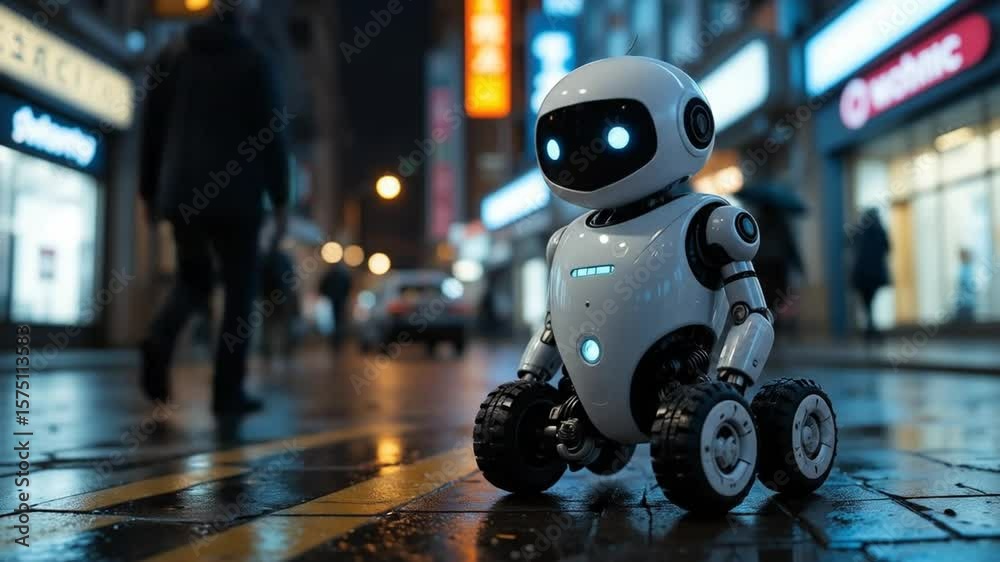 custom made wallpaper toronto digitalLittle White Robot on Wet City Street at Night. 4k video