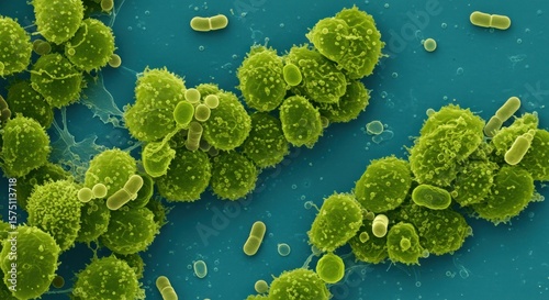 Captivating microscopic view displaying bacterial clusters on a blue surface showcasing